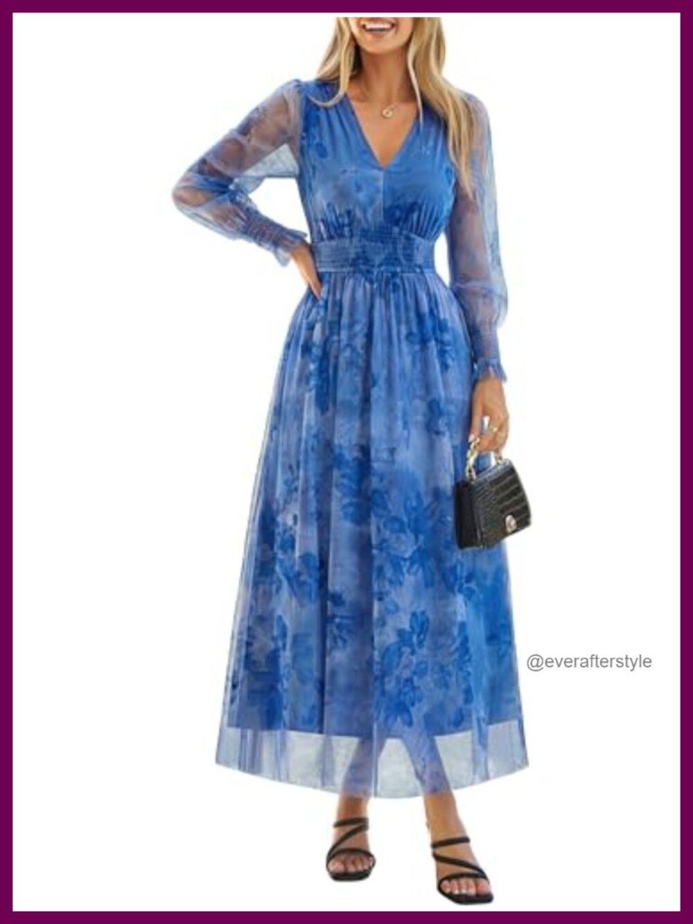 Women's Long Sleeve Tulle Floral Maxi Dress Wedding Guest